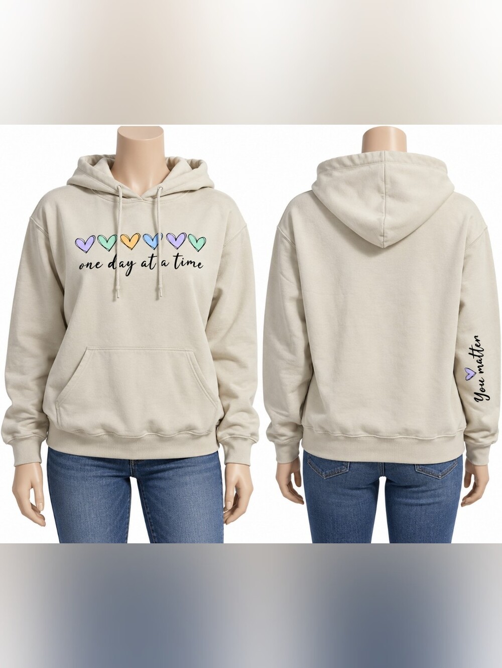 Gildan Cream Hoodie with Pastel Heart Row and 'One Day At A Time' Script